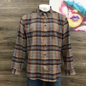 PENDLETON‎ Mens XL Merino Wool Plaid Button Down Shirt Brown Orange Blue (FLAW)